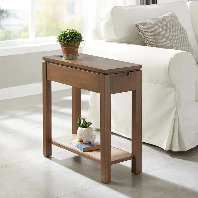 Table d'appoint de chargement en bois massif avec tiroir et étagère ouverte