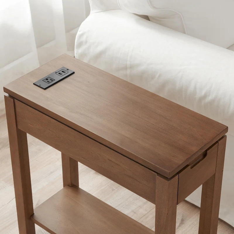 Table d'appoint de chargement en bois massif avec tiroir et étagère ouverte