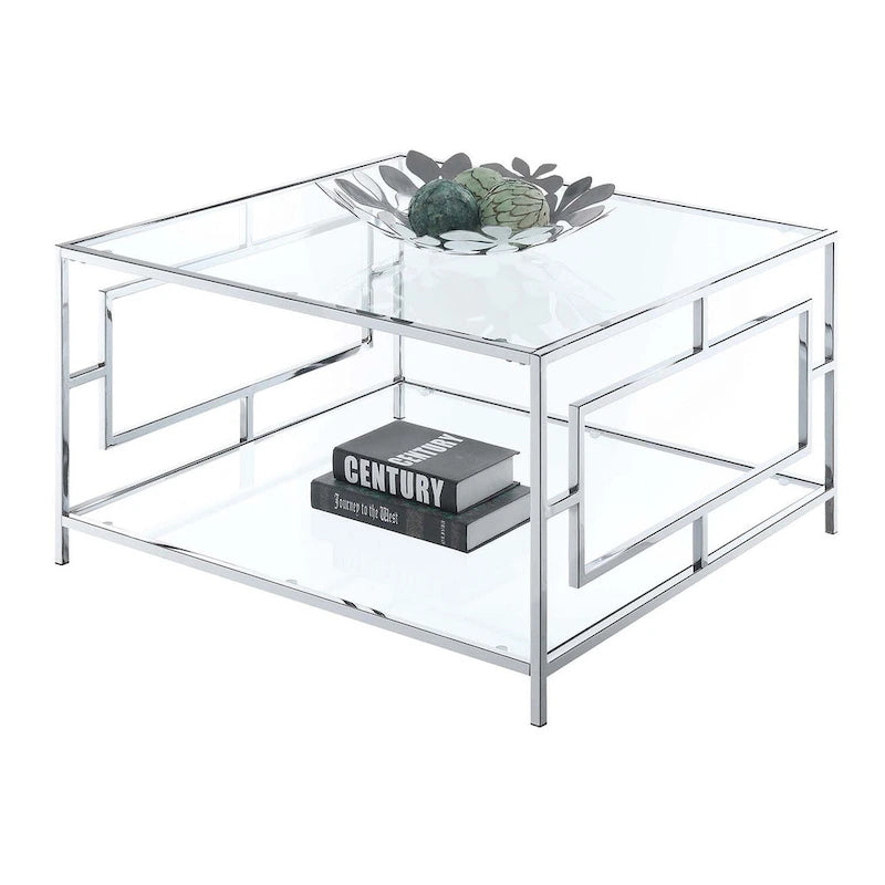 Table basse carrée en verre avec étagère inférieure