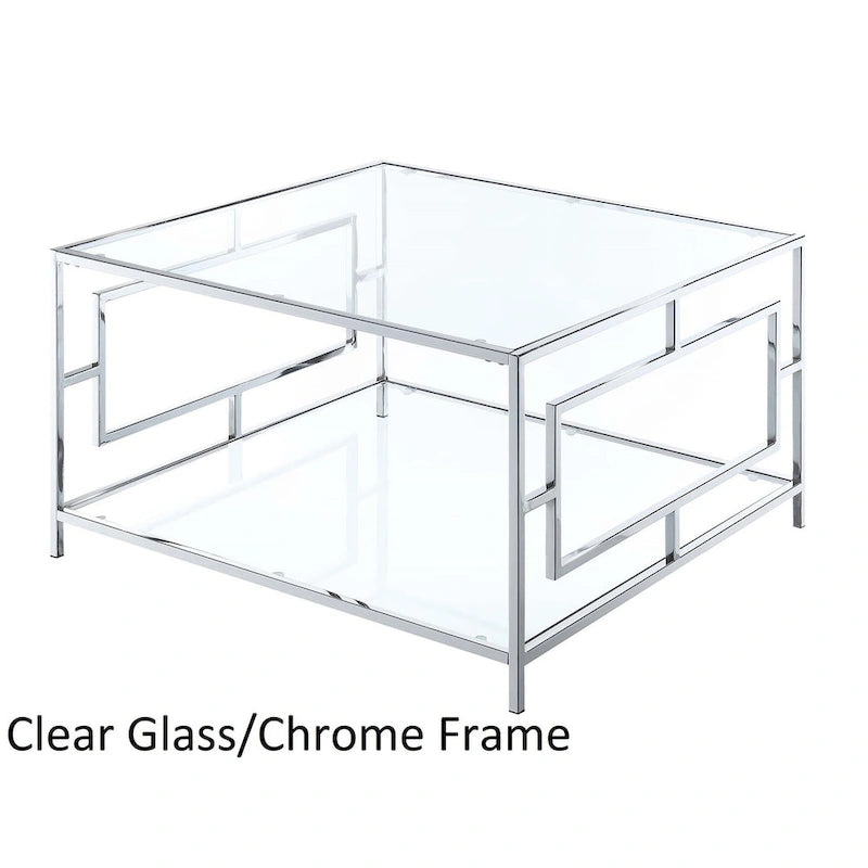 Table basse carrée en verre avec étagère inférieure