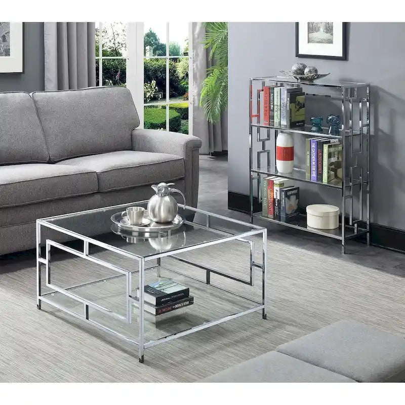 Table basse carrée en verre avec étagère inférieure