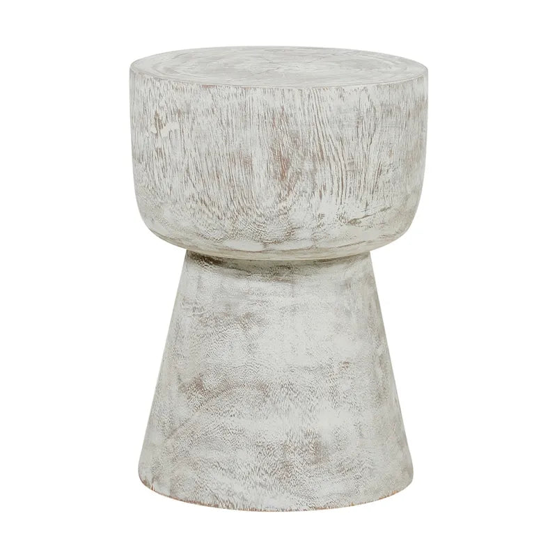 Table d'appoint piédestal ronde en teck massif blanchi à la chaux