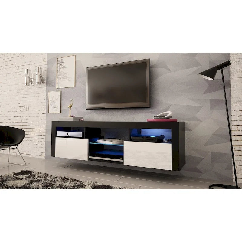 Meuble TV flottant mural avec éclairage LED 16 couleurs, 160 cm