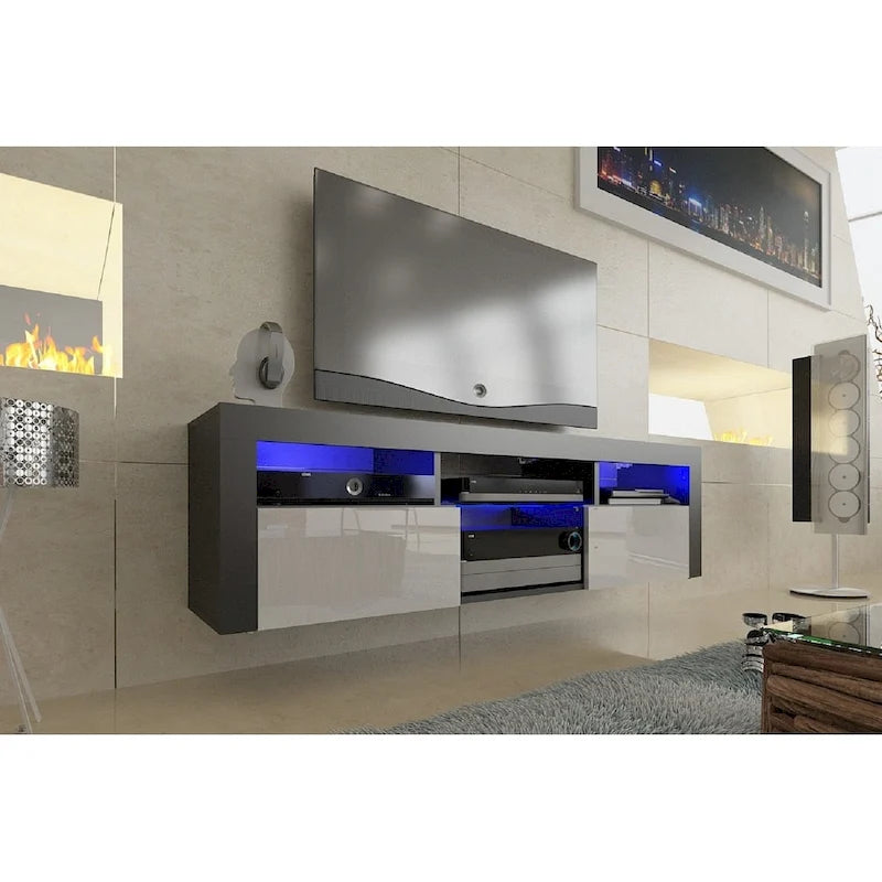 Meuble TV flottant mural avec éclairage LED 16 couleurs, 160 cm