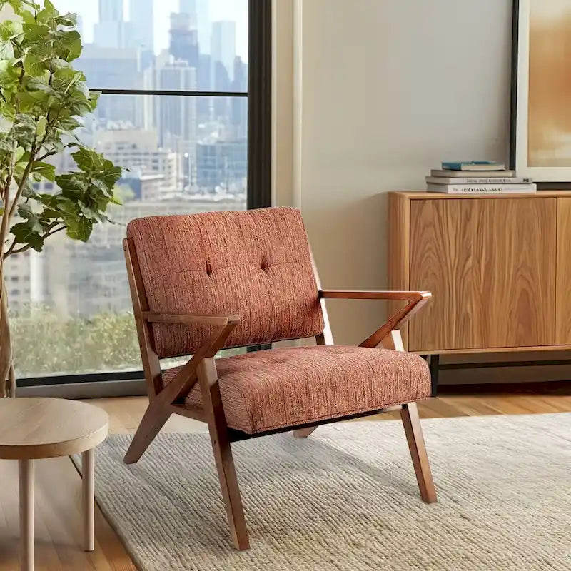 Fauteuil d'appoint rembourré Mid-Century avec accoudoirs inclinés en bois