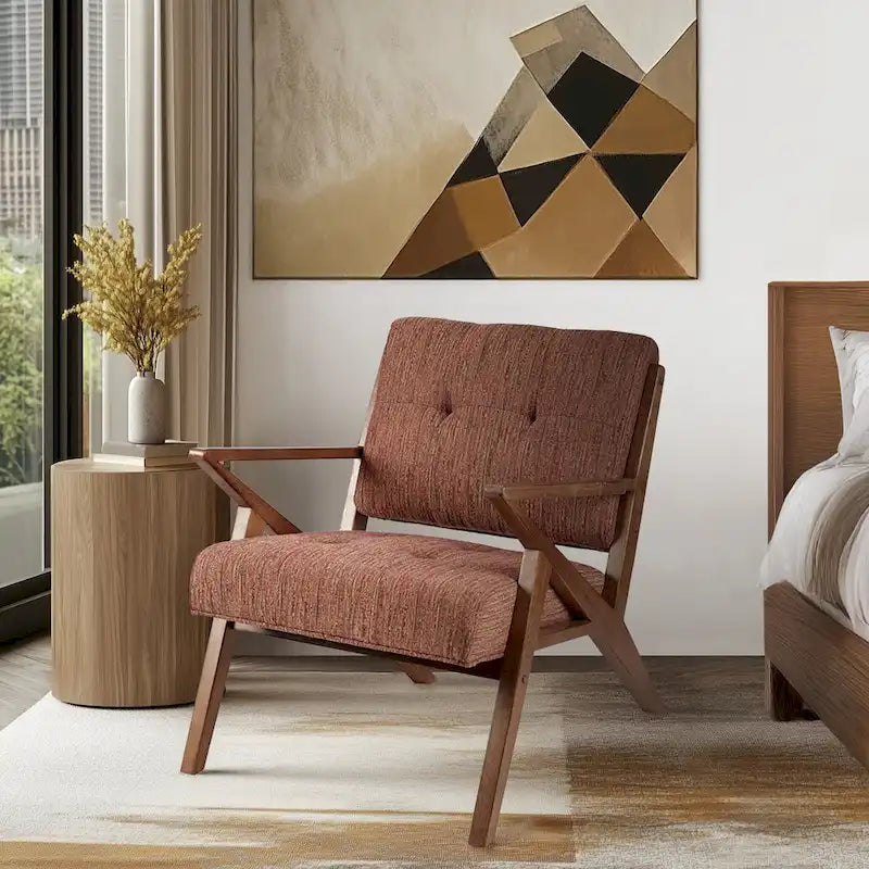 Fauteuil d'appoint rembourré Mid-Century avec accoudoirs inclinés en bois