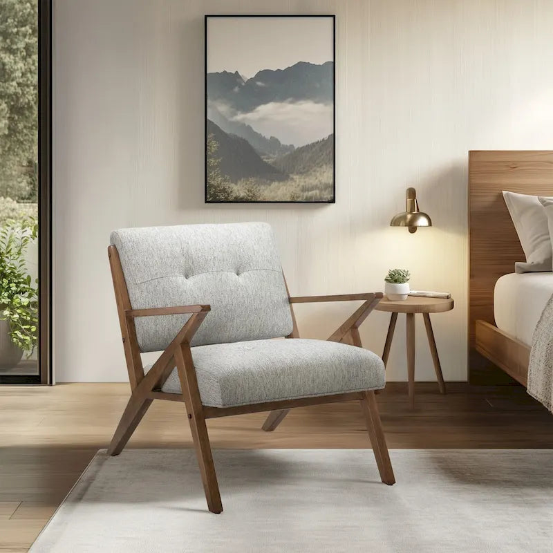 Fauteuil d'appoint rembourré Mid-Century avec accoudoirs inclinés en bois
