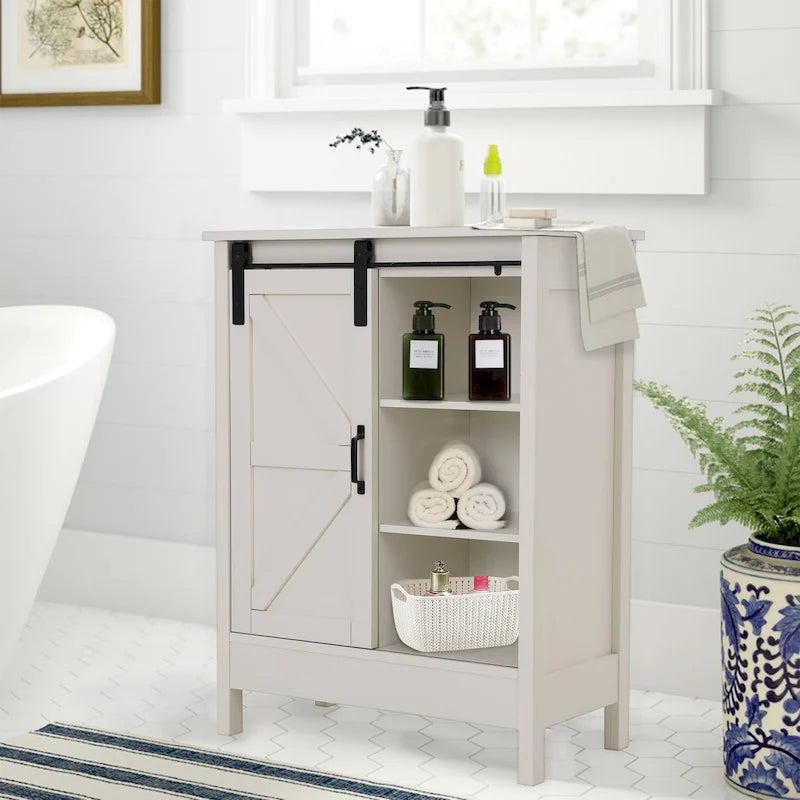 Meuble de rangement de salle de bain sur pied de style ferme avec porte coulissante – 3 étagères