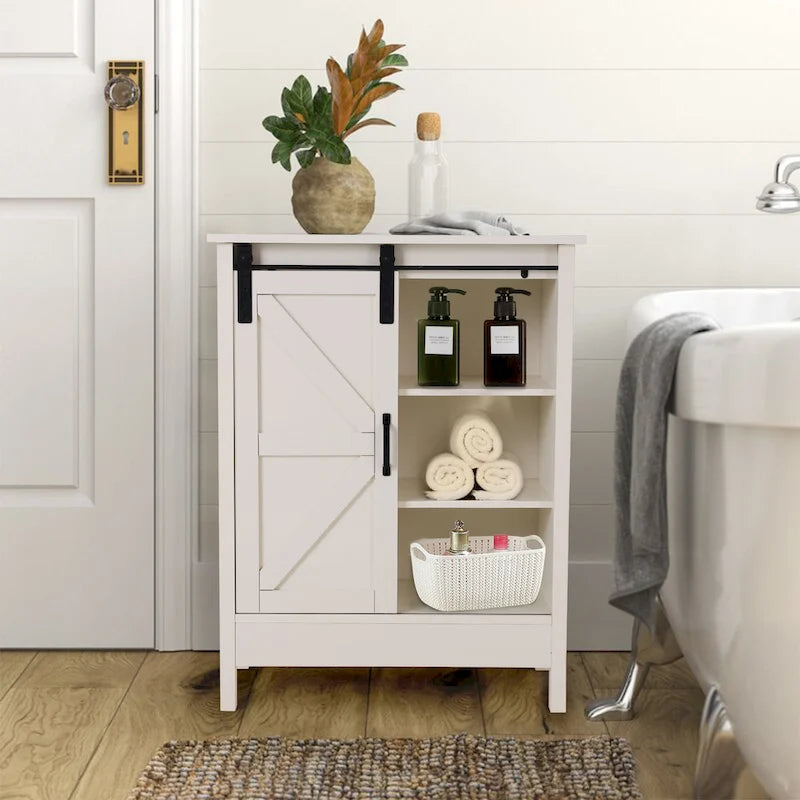 Meuble de rangement de salle de bain sur pied de style ferme avec porte coulissante – 3 étagères