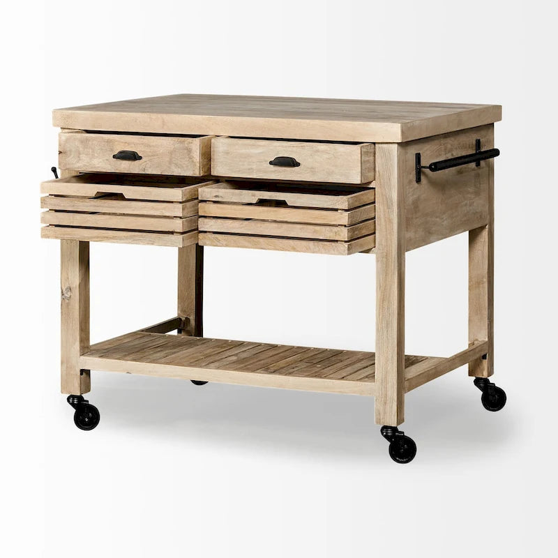 Îlot de cuisine roulant en bois massif avec quincaillerie en fer noir, 46" L