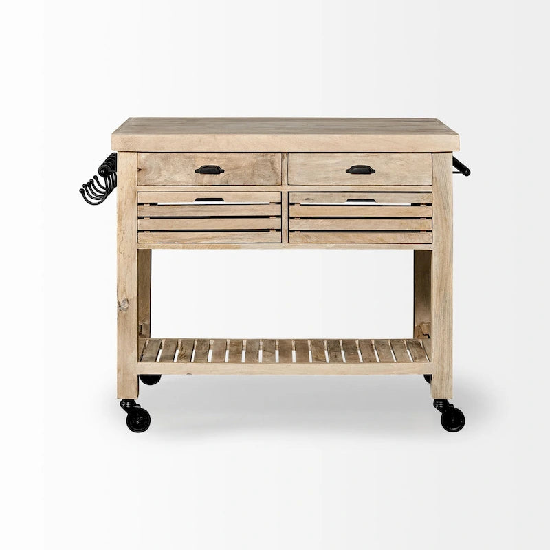 Îlot de cuisine roulant en bois massif avec quincaillerie en fer noir, 46" L
