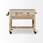 Îlot de cuisine roulant en bois massif avec quincaillerie en fer noir, 46" L