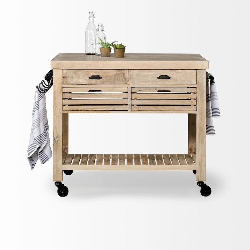Îlot de cuisine roulant en bois massif avec quincaillerie en fer noir, 46" L