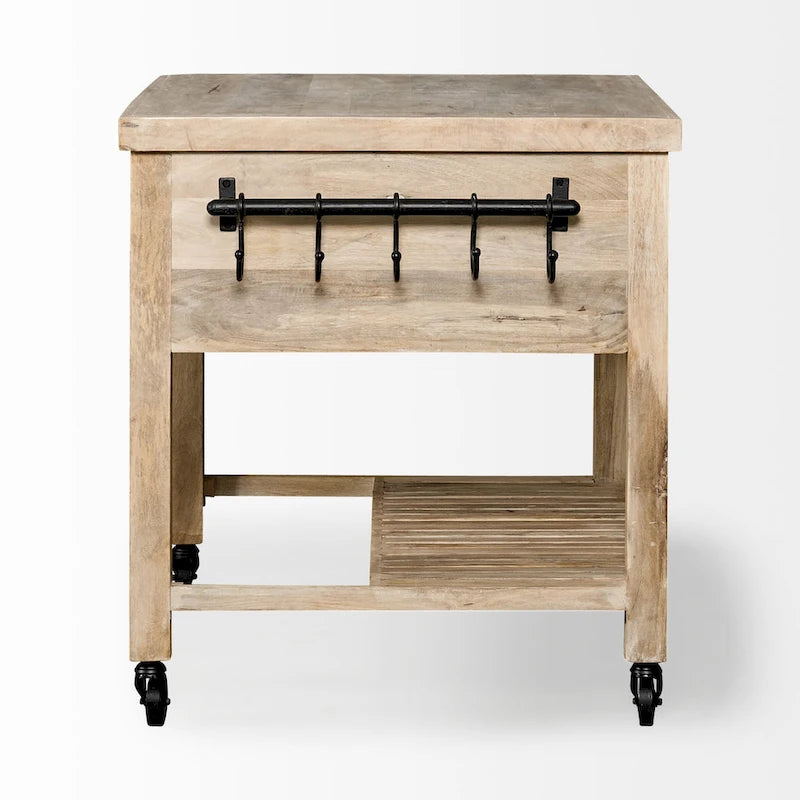 Îlot de cuisine roulant en bois massif avec quincaillerie en fer noir, 46" L