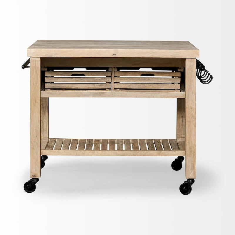 Îlot de cuisine roulant en bois massif avec quincaillerie en fer noir, 46" L