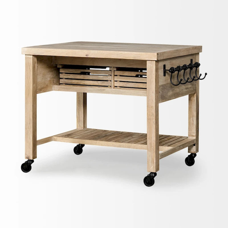 Îlot de cuisine roulant en bois massif avec quincaillerie en fer noir, 46" L