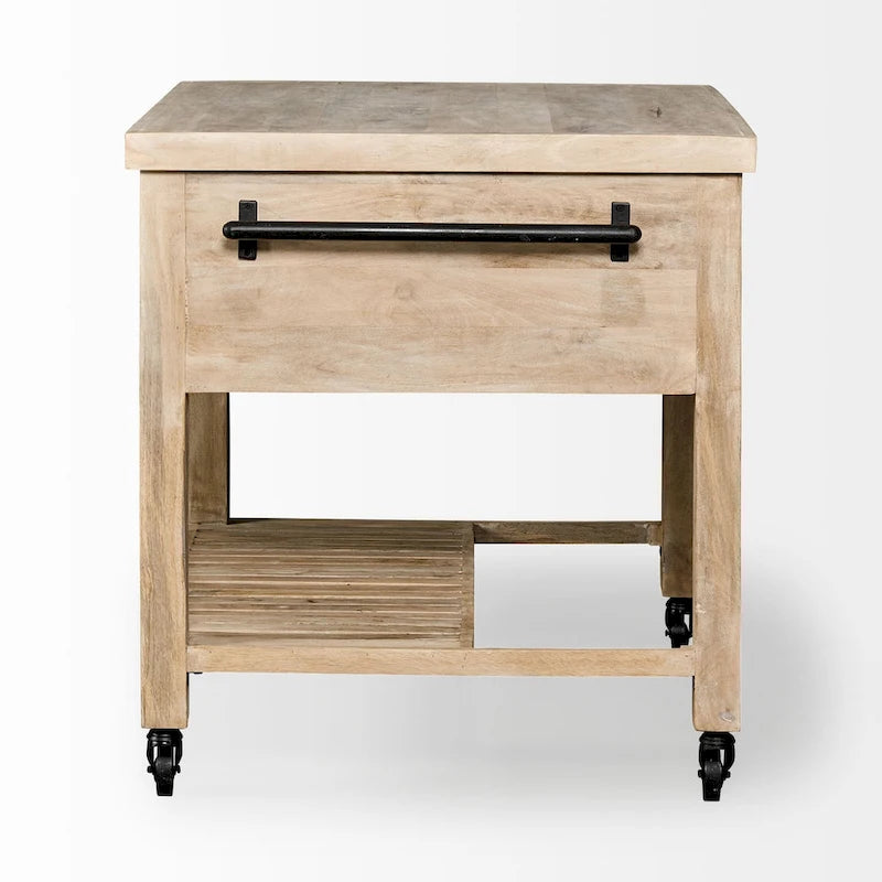 Îlot de cuisine roulant en bois massif avec quincaillerie en fer noir, 46" L