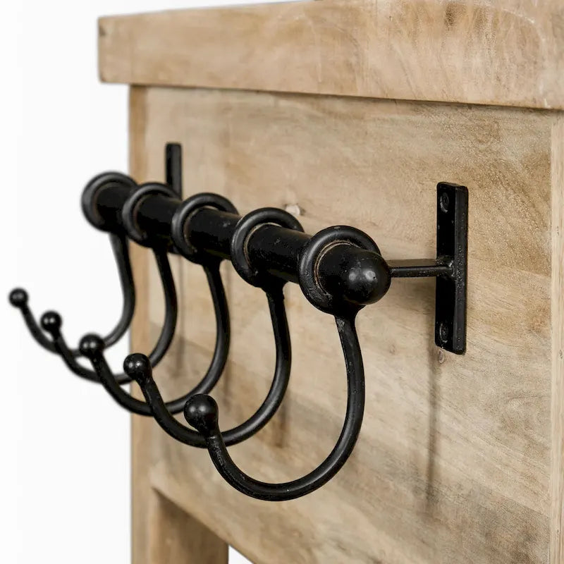 Îlot de cuisine roulant en bois massif avec quincaillerie en fer noir, 46" L