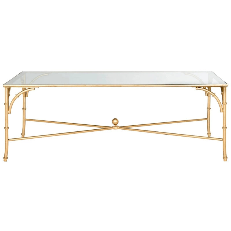 Table basse en fer doré et faux bambou avec plateau en verre trempé