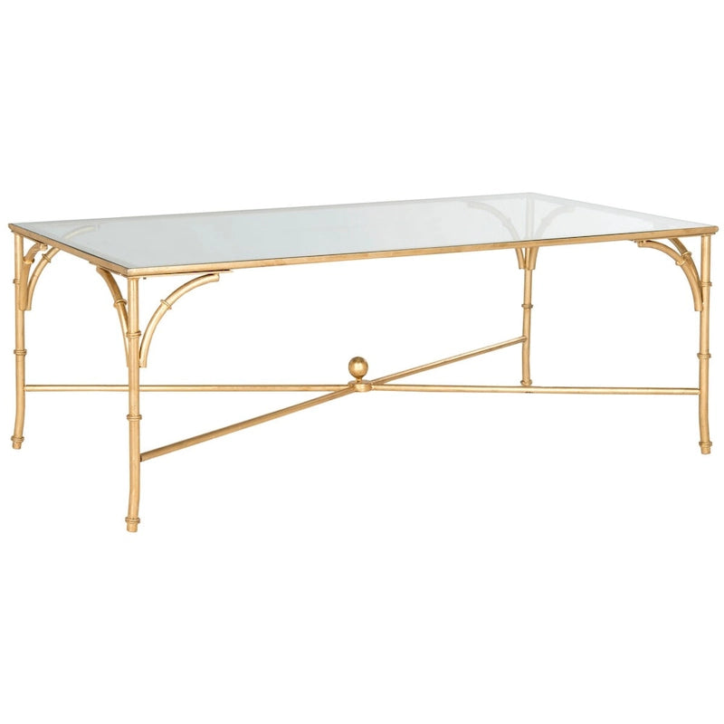 Table basse en fer doré et faux bambou avec plateau en verre trempé
