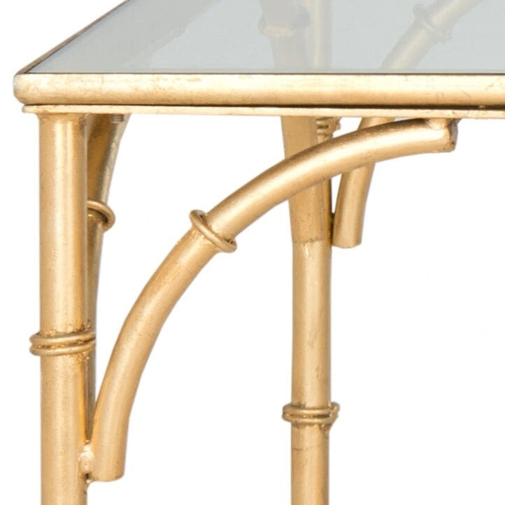Table basse en fer doré et faux bambou avec plateau en verre trempé