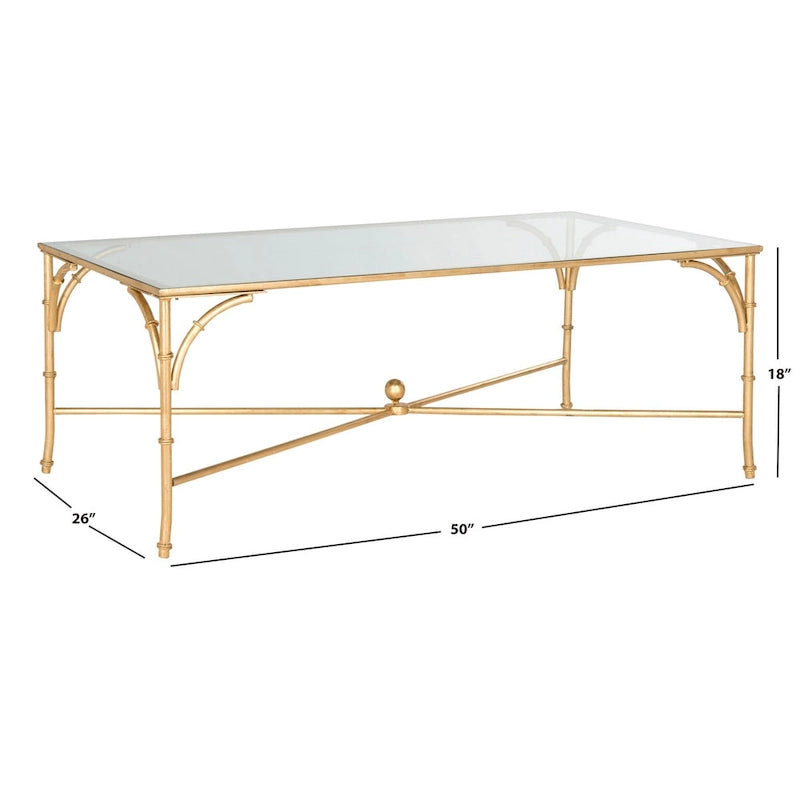 Table basse en fer doré et faux bambou avec plateau en verre trempé
