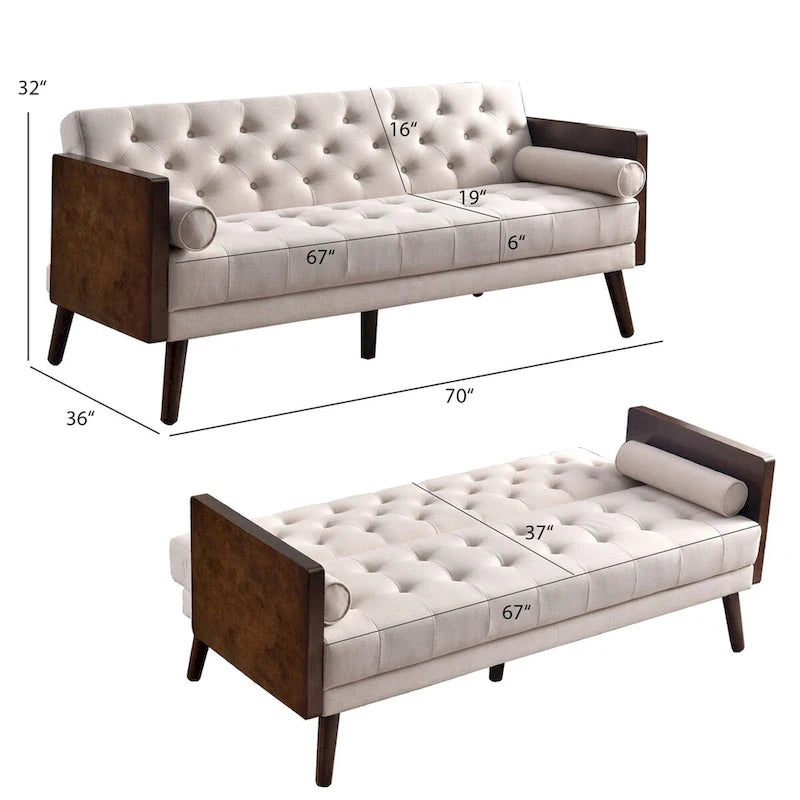 Canapé en tissu capitonné de style Mid-Century avec pieds en bois évasés