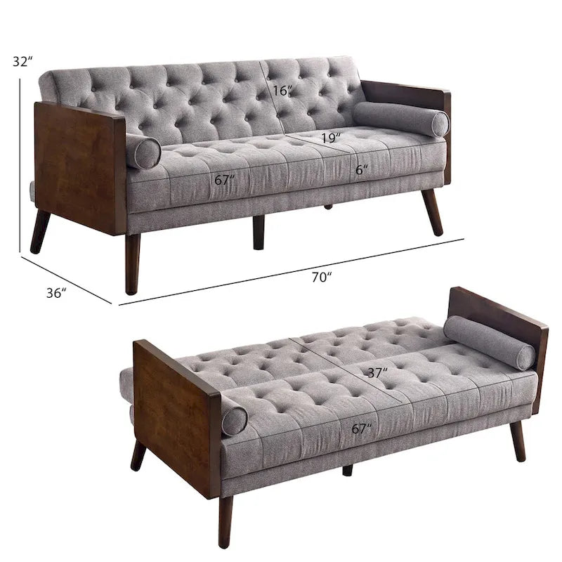Canapé en tissu capitonné de style Mid-Century avec pieds en bois évasés