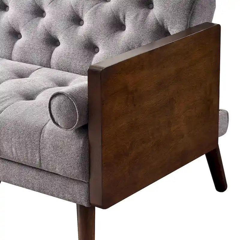 Canapé en tissu capitonné de style Mid-Century avec pieds en bois évasés