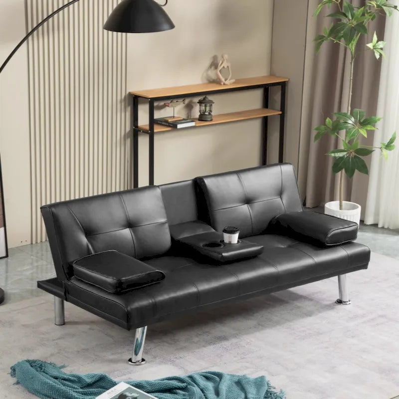 Canapé-lit futon convertible en similicuir avec dossier réglable et porte-gobelets — Noir