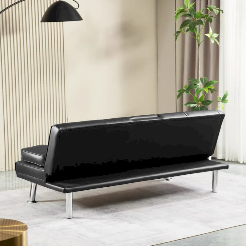 Canapé-lit futon convertible en similicuir avec dossier réglable et porte-gobelets — Noir