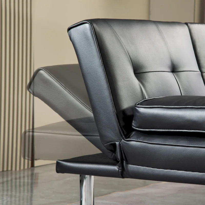 Canapé-lit futon convertible en similicuir avec dossier réglable et porte-gobelets — Noir