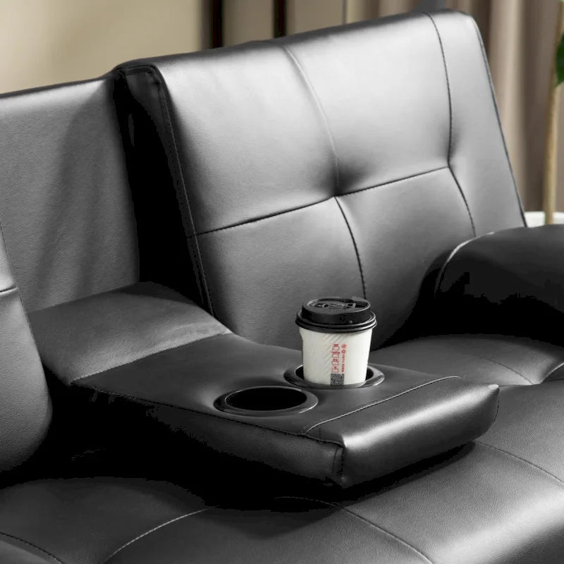 Canapé-lit futon convertible en similicuir avec dossier réglable et porte-gobelets — Noir