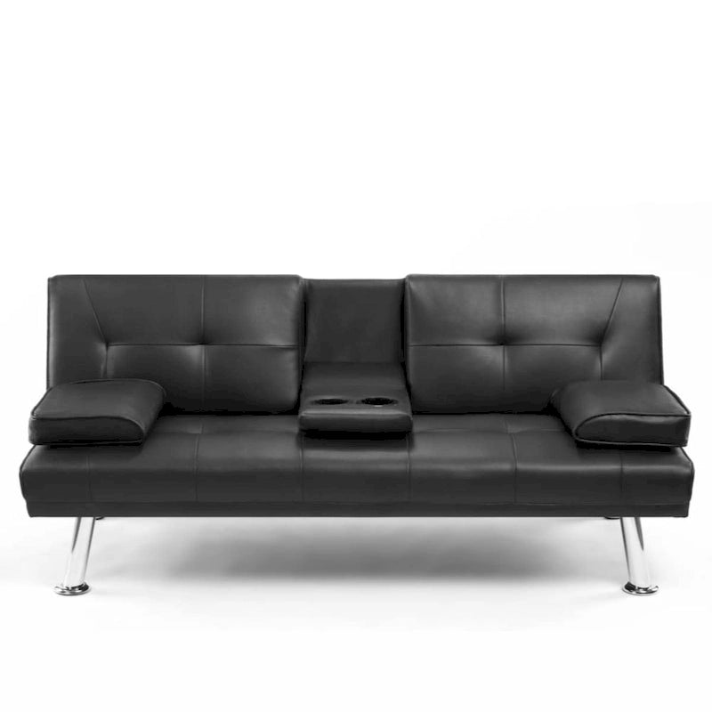 Canapé-lit futon convertible en similicuir avec dossier réglable et porte-gobelets — Noir