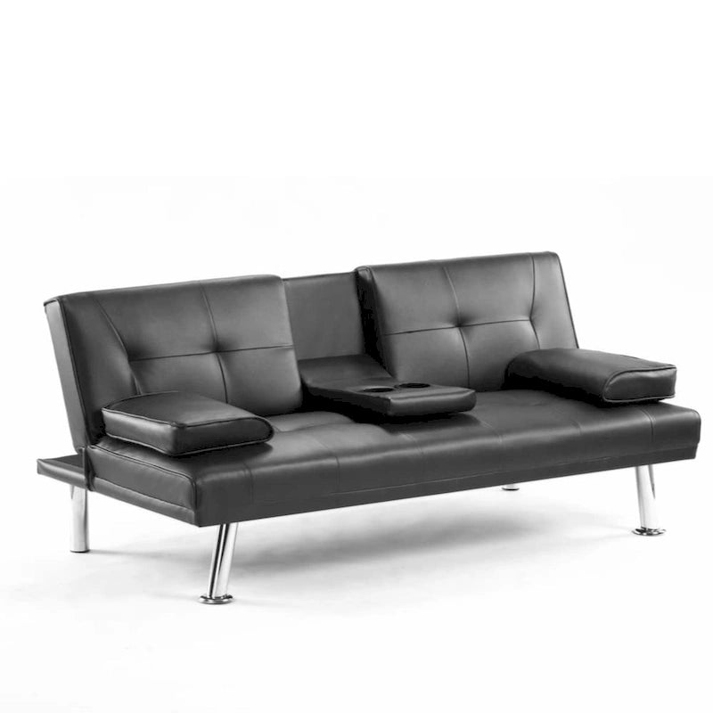 Canapé-lit futon convertible en similicuir avec dossier réglable et porte-gobelets — Noir