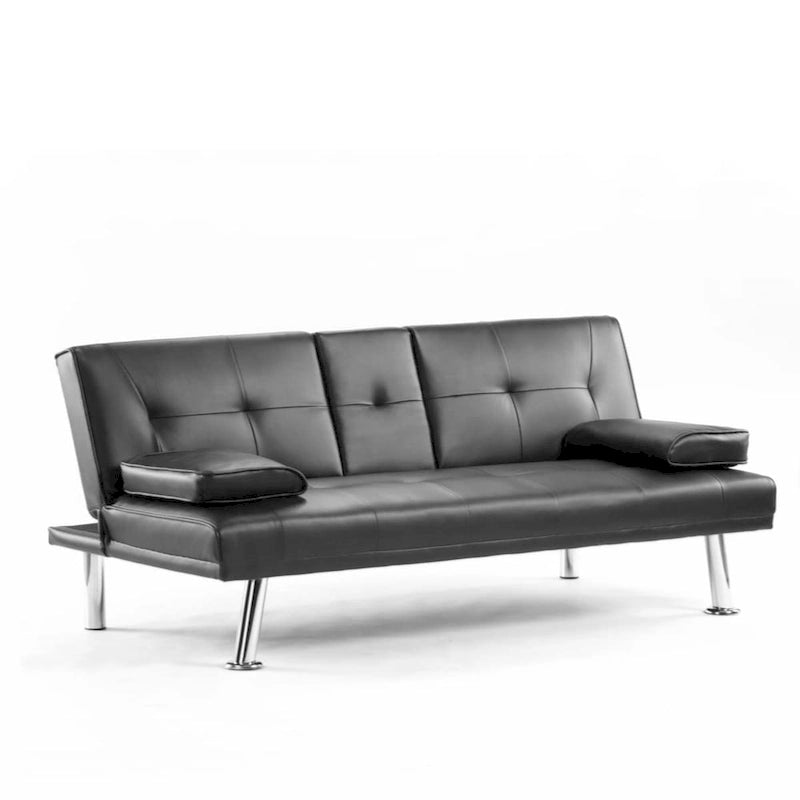 Canapé-lit futon convertible en similicuir avec dossier réglable et porte-gobelets — Noir