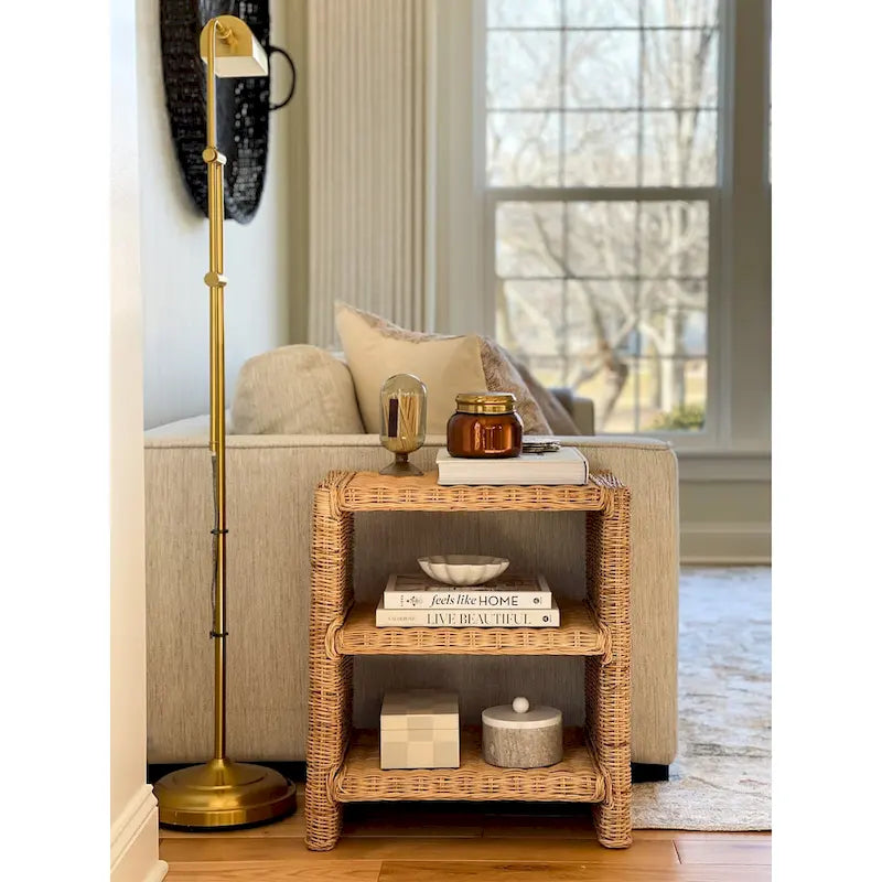 Table d'appoint bohème côtière à 3 niveaux en rotin et bois de manguier – Marron naturel