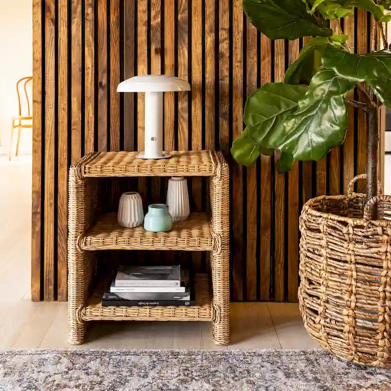 Table d'appoint bohème côtière à 3 niveaux en rotin et bois de manguier – Marron naturel