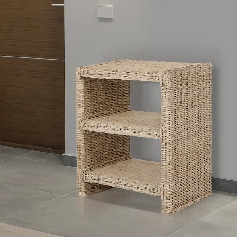 Table d'appoint bohème côtière à 3 niveaux en rotin et bois de manguier – Marron naturel