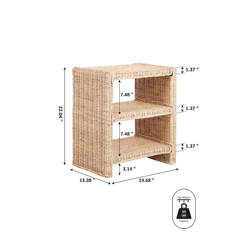 Table d'appoint bohème côtière à 3 niveaux en rotin et bois de manguier – Marron naturel