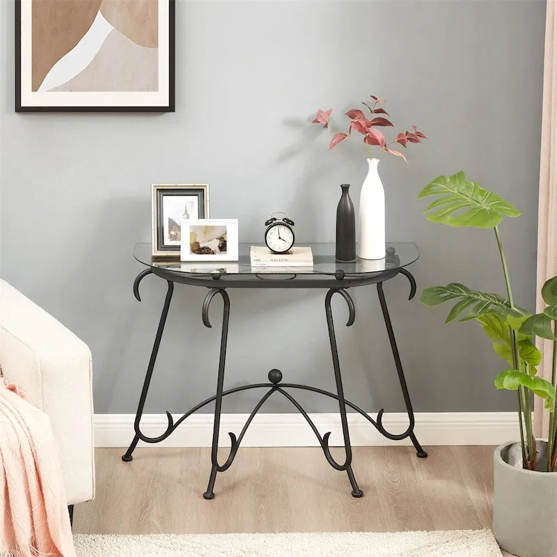 Table basse en verre trempé avec structure en métal noir