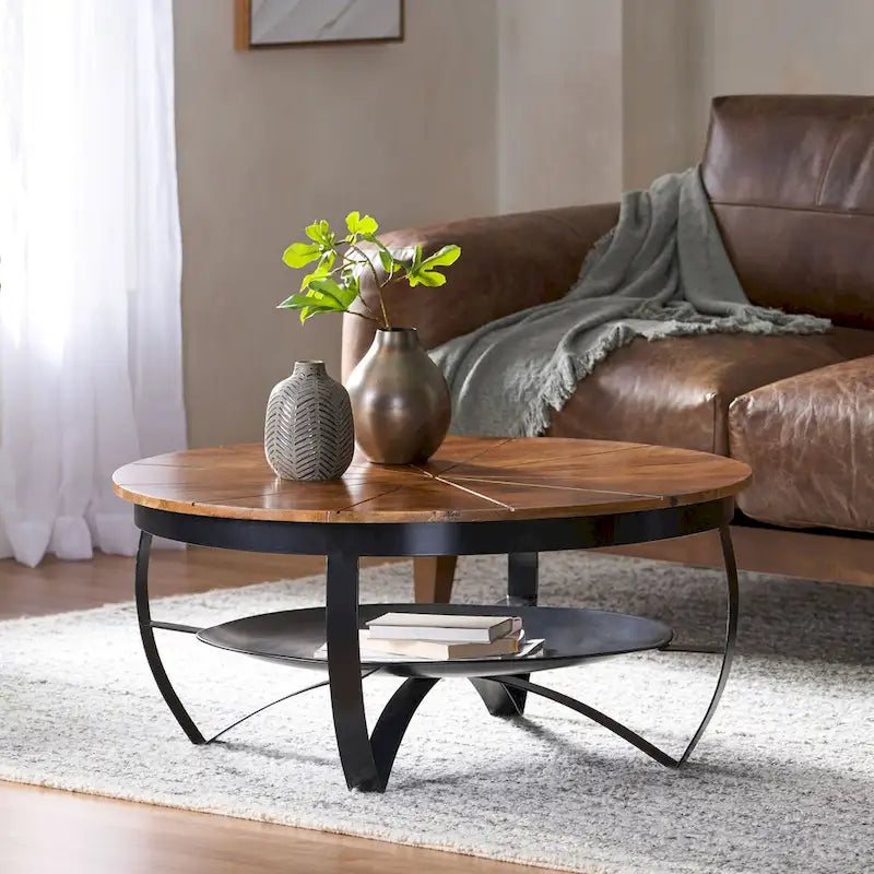 Table basse ronde en bois de manguier avec pieds en fer