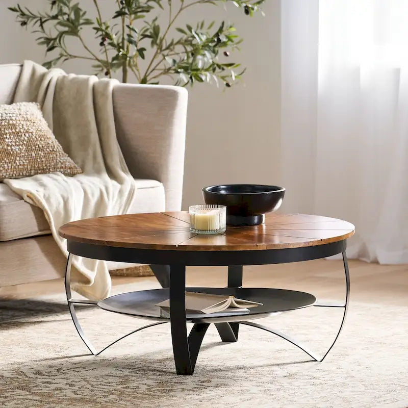 Table basse ronde en bois de manguier avec pieds en fer