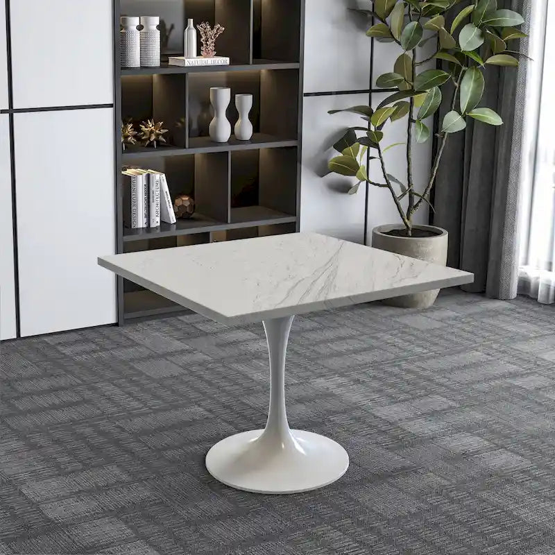 Table à manger carrée en résine avec pied central en acier blanc