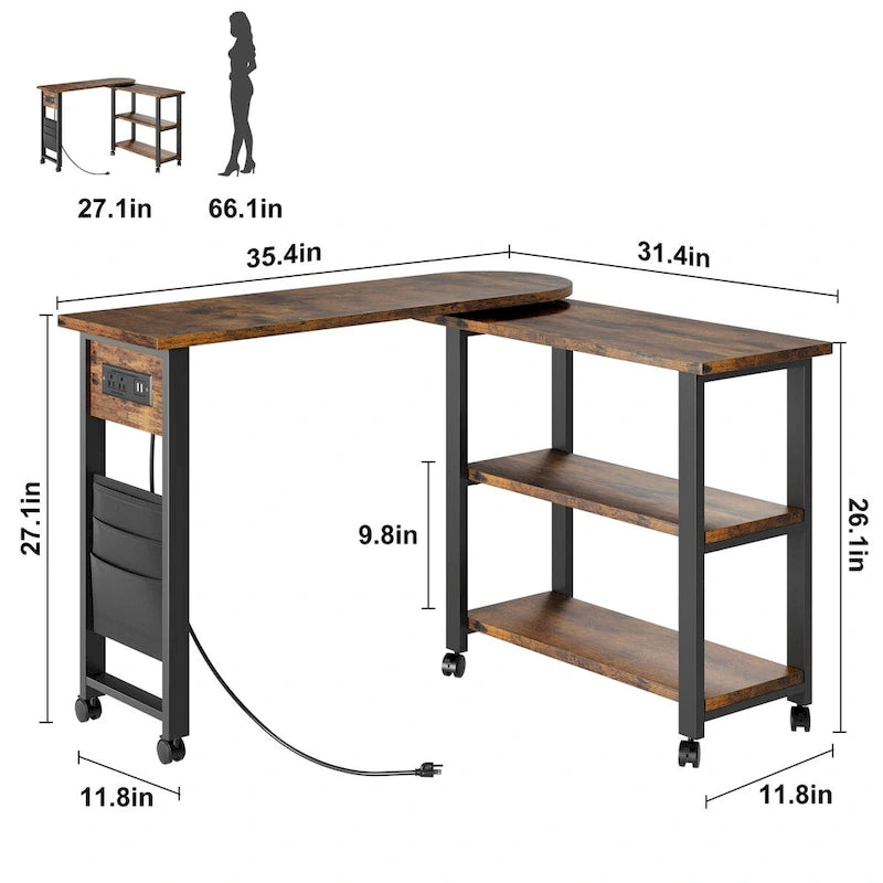 Table d'appoint rotative à 360° avec station de chargement USB, roulettes verrouillables et 3 niveaux de rangement