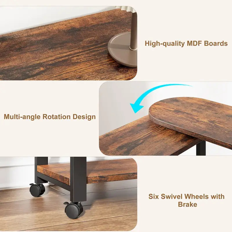 Table d'appoint rotative à 360° avec station de chargement USB, roulettes verrouillables et 3 niveaux de rangement