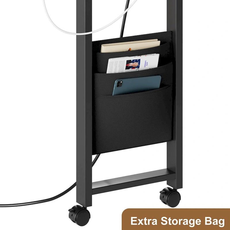 Table d'appoint rotative à 360° avec station de chargement USB, roulettes verrouillables et 3 niveaux de rangement