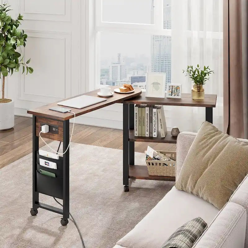 Table d'appoint rotative à 360° avec station de chargement USB, roulettes verrouillables et 3 niveaux de rangement