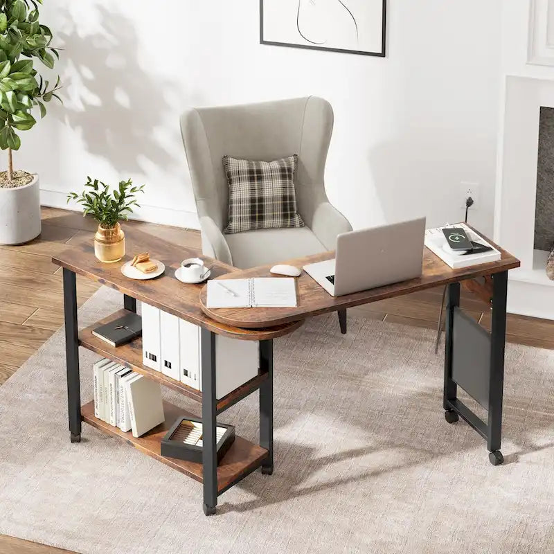 Table d'appoint rotative à 360° avec station de chargement USB, roulettes verrouillables et 3 niveaux de rangement