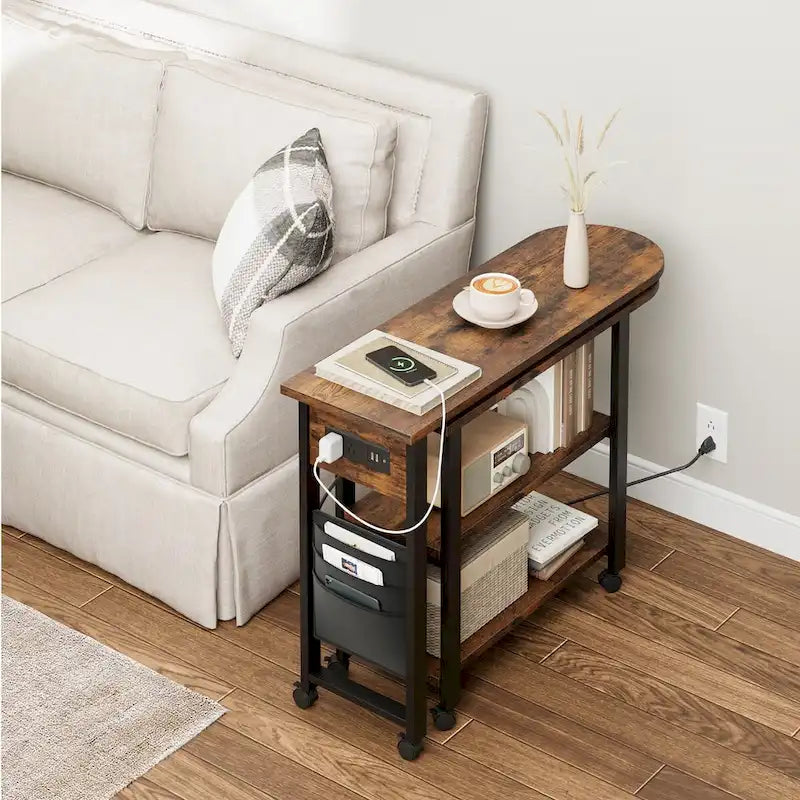 Table d'appoint rotative à 360° avec station de chargement USB, roulettes verrouillables et 3 niveaux de rangement